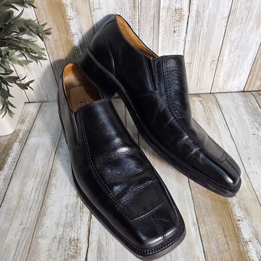 Apt 9 Walker Mens Black Leather Slip On Square Toe Dress Loafers Shoes 9.5 M
